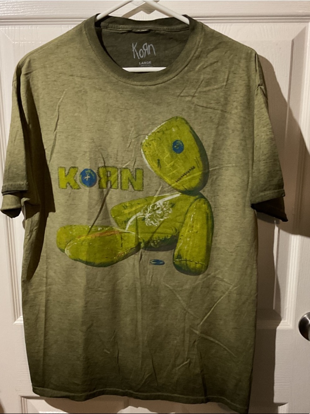 NWOT Korn Graphic Tee in Olive Green dip-dyed, mineral washed with Voodoo Doll